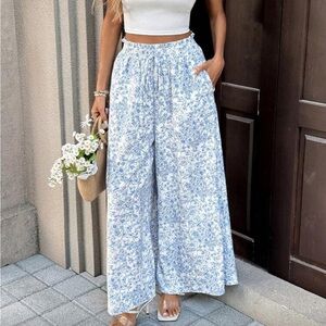 Boho Blue White Floral Print Wide Leg Palazzo Pants